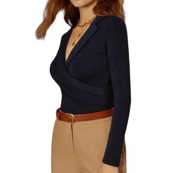 NWT OGL Collared Surplice Top ProWarm Eco Mousse Navy Blue Size Small - Picture 3 of 6